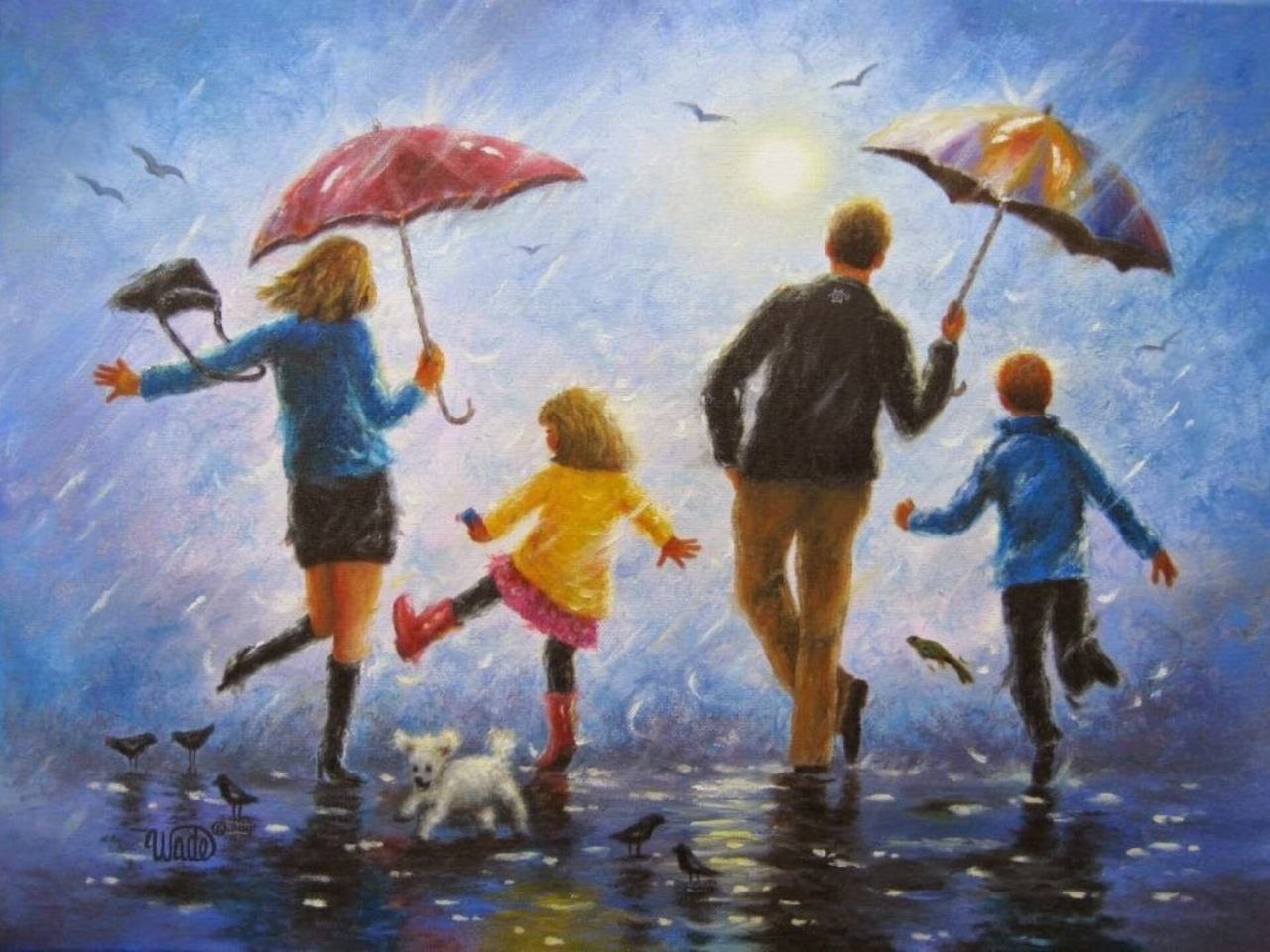 Радуйтесь жизни как дети. Семья под дождем. Картины с детьми. Картина счастливая семья. Дети под зонтиком.